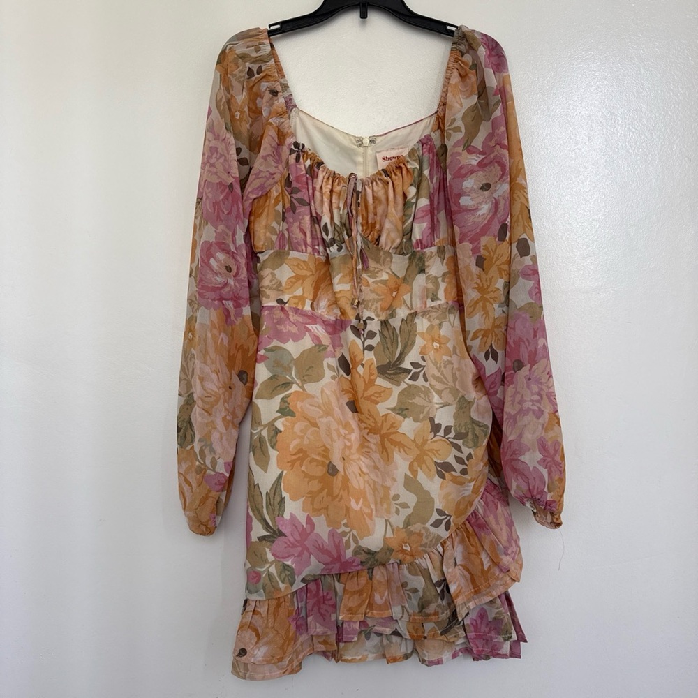 Showpo Floral Long Sleeve Ruffle Mini Dress - Pink Green Orange